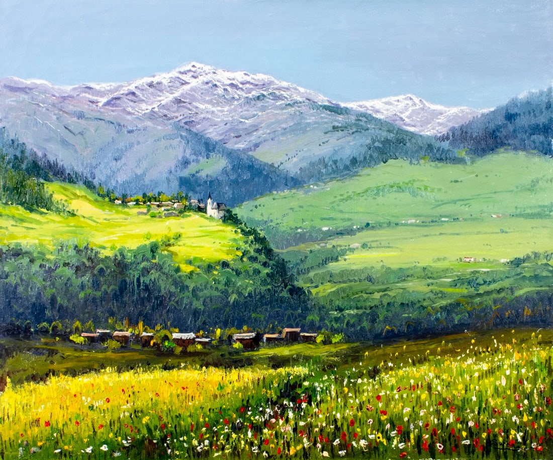L Santin (Europe,20C) oil painting: ARTIST: L Santin (European, 20 century) TITLE: Mountain Village Landscape MEDIUM: oil on canvas CONDITION: Unstretched (In-House stretching available) (In-House stretching a