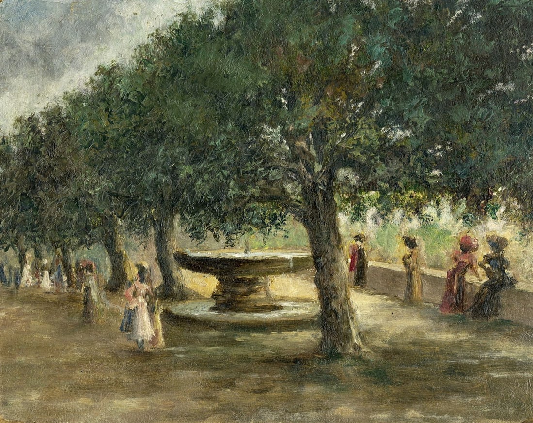 Antique early 20C European oil painting: ARTIST: - (Europe, early 20 century) TITLE: Park Landscape with Fountain MEDIUM: oil on board CONDITION: Some small damages to corners. Few minor paint losses. No visible in