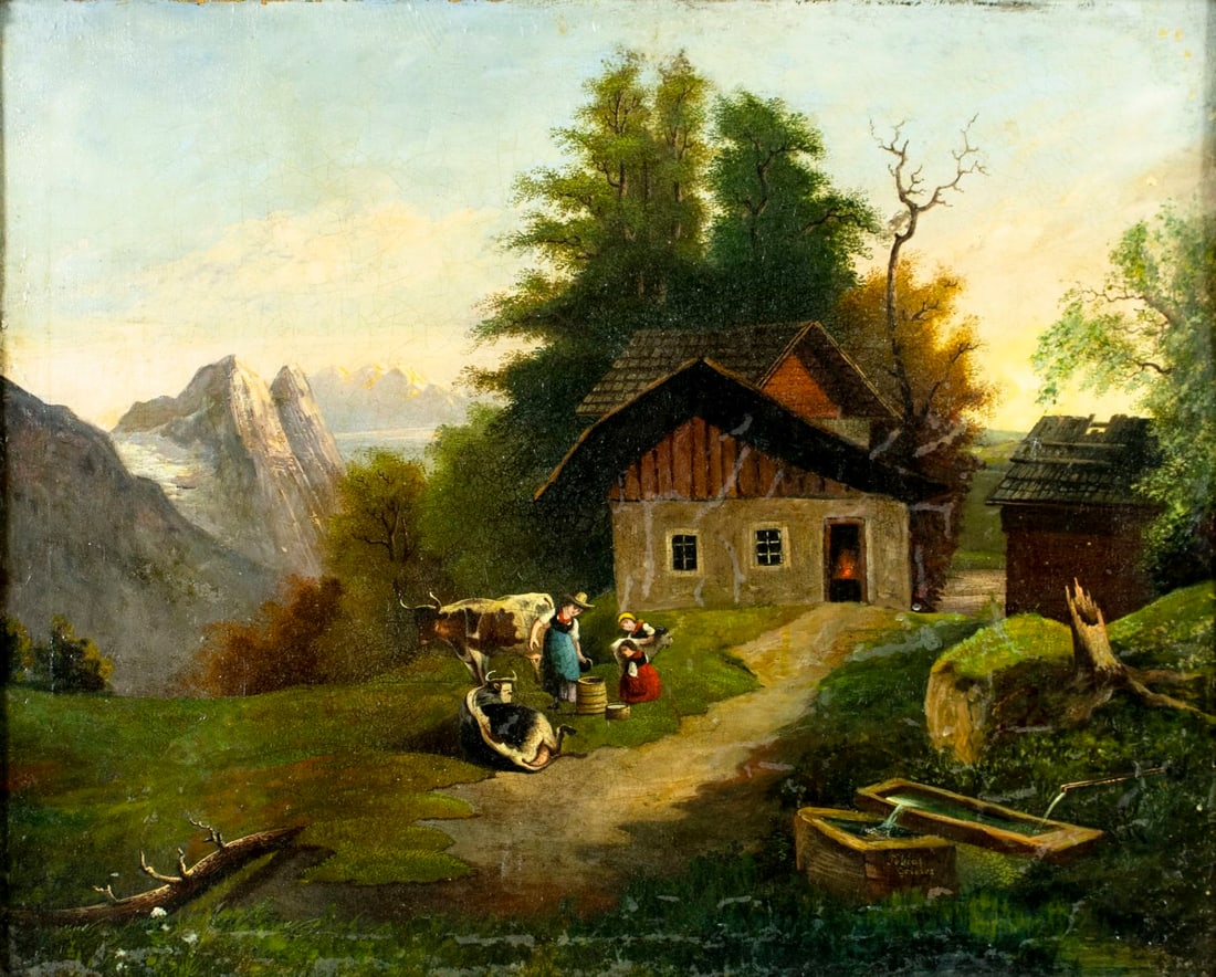 Tobias Grieser (German,early 20C) oil painting antique: ARTIST: Tobias Grieser (Germany, early 20 century) TITLE: Alpine Village Landscape MEDIUM: oil on canvas CONDITION: Relined. Some small paint losses. Some craquelure. Some s