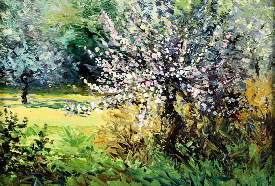 Vintage 20C Swedish oil painting: ARTIST: - (Sweden, 20 century) TITLE: Landscape with Blooming Tree MEDIUM: oil on canvas CONDITION: Very good. No visible inpaint under UV light. ART SIZE: