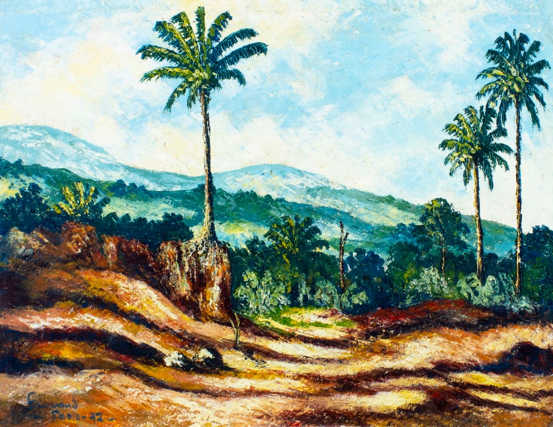 Vintage 20C South American oil painting signed: ARTIST: - ( South American, 20 century) TITLE: Tropical Landscape YEAR: 1972 MEDIUM: oil on canvas CONDITION: Missing a few flakes of paint. No visible