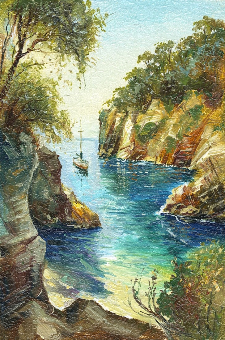 Sergey Kozachkin (Ukraine,b 1965) oil painting: ARTIST: Sergey Vasilievich Kozachkin (Ukraine, born 1965) TITLE: Coastal Landscape with Sailboat MEDIUM: oil on board CONDITION: Very good. No visible inpaint under UV light
