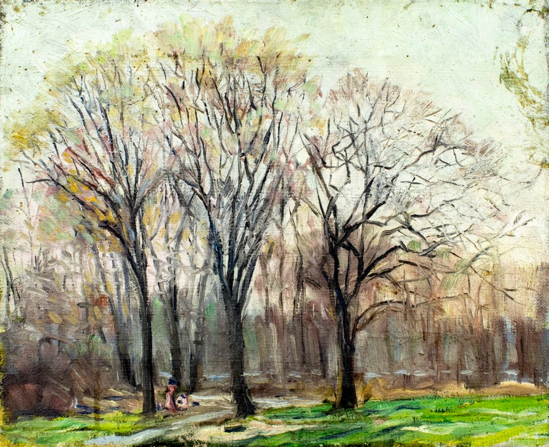Antique early 20C American oil painting: ARTIST: - (American, early 20 century) TITLE: Forest Landscape MEDIUM: oil on canvas CONDITION: One small patch. Few small paint losses. Some craquelure. No visible inpain