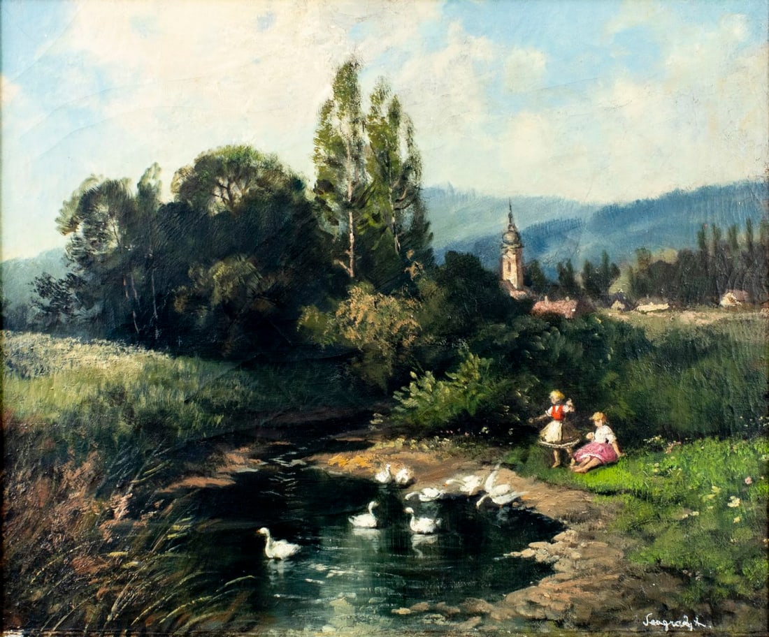 Antal Neogrady (Hungary,1861-1942) oil painting antique: ARTIST: Antal Neogrady (Hungarian, 1861 - 1942) TITLE: Village Landscape with Swan Pond MEDIUM: oil on canvas CONDITION: Few small paint losses. Some craquelure. No visibl