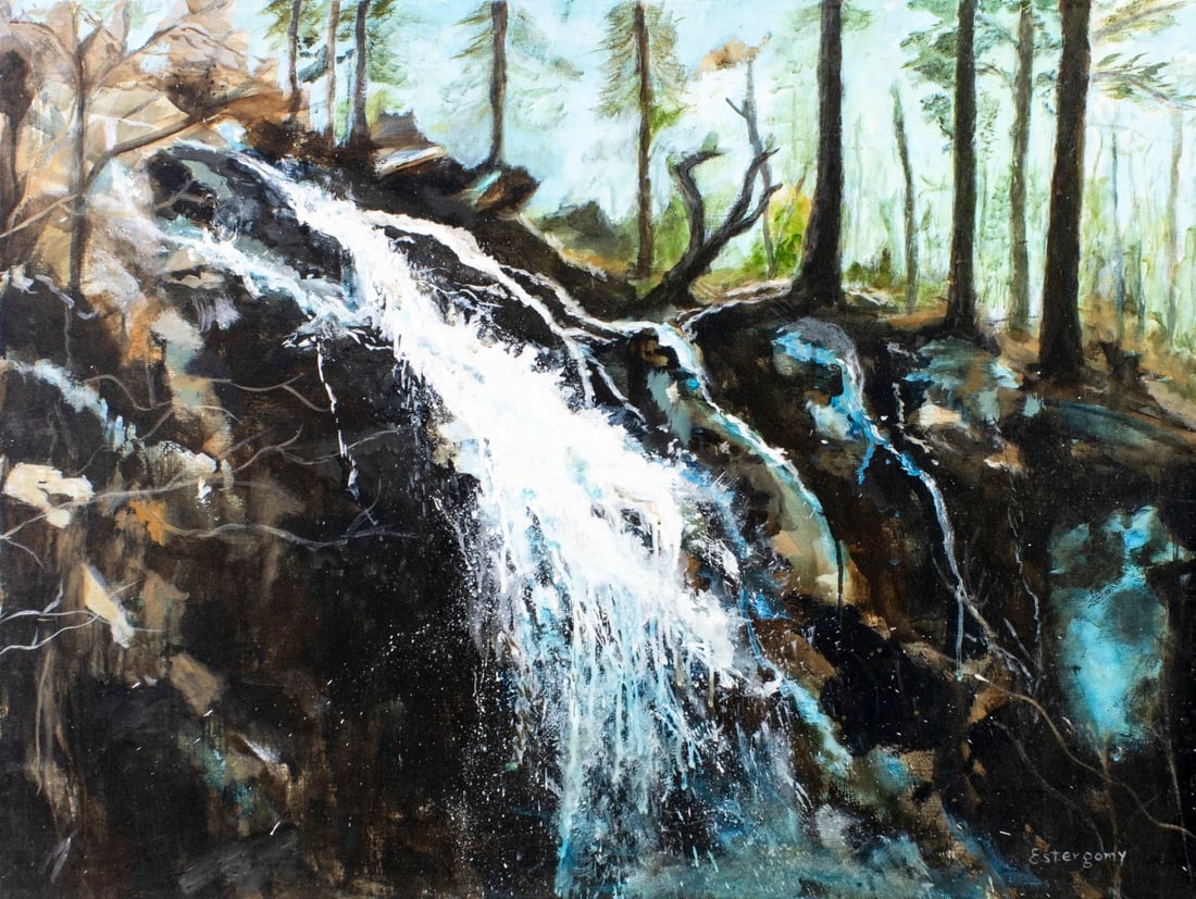 Estergomy (US,20C) oil painting: ARTIST: Estergomy (American, 20 century) TITLE: Forest Waterfall Landscape MEDIUM: oil on canvas CONDITION: Few minor paint losses by the edges. No visible inpaint under UV
