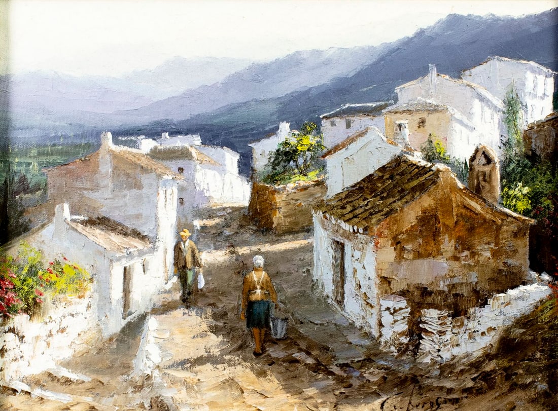 Manuel Cuberos (Spain,1933-?) oil painting: ARTIST: Manuel Cuberos (Spanish, 1933 - ???) TITLE: Mountain Village Landscape MEDIUM: oil on canvas CONDITION: Few minor paint losses. No visible inpaint under UV light.