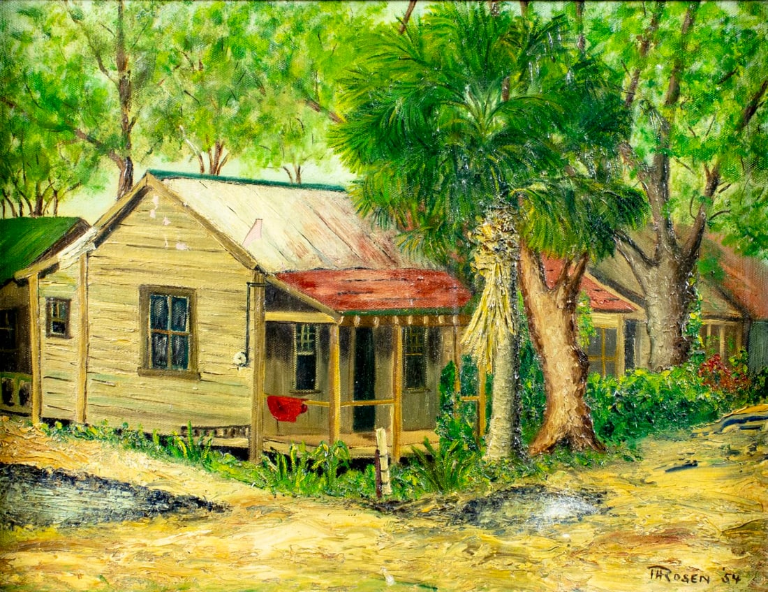 Rosen (FL,mid 20C) oil painting: ARTIST: Rosen (Florida, mid 20 century) TITLE: Village Landscape YEAR: 1954 MEDIUM: oil on canvas CONDITION: Some indentation in the lower right corner.