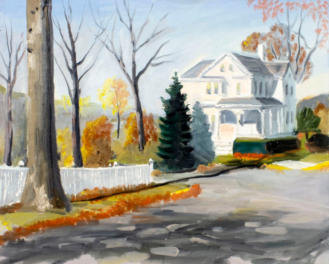 George Holloway (NJ,20C) oil painting: ARTIST: George Holloway (New Jersey, 20 century) TITLE: Autumn Landscape with Mansion MEDIUM: oil on canvas board CONDITION: Overall good. No visible inpaint under UV light.