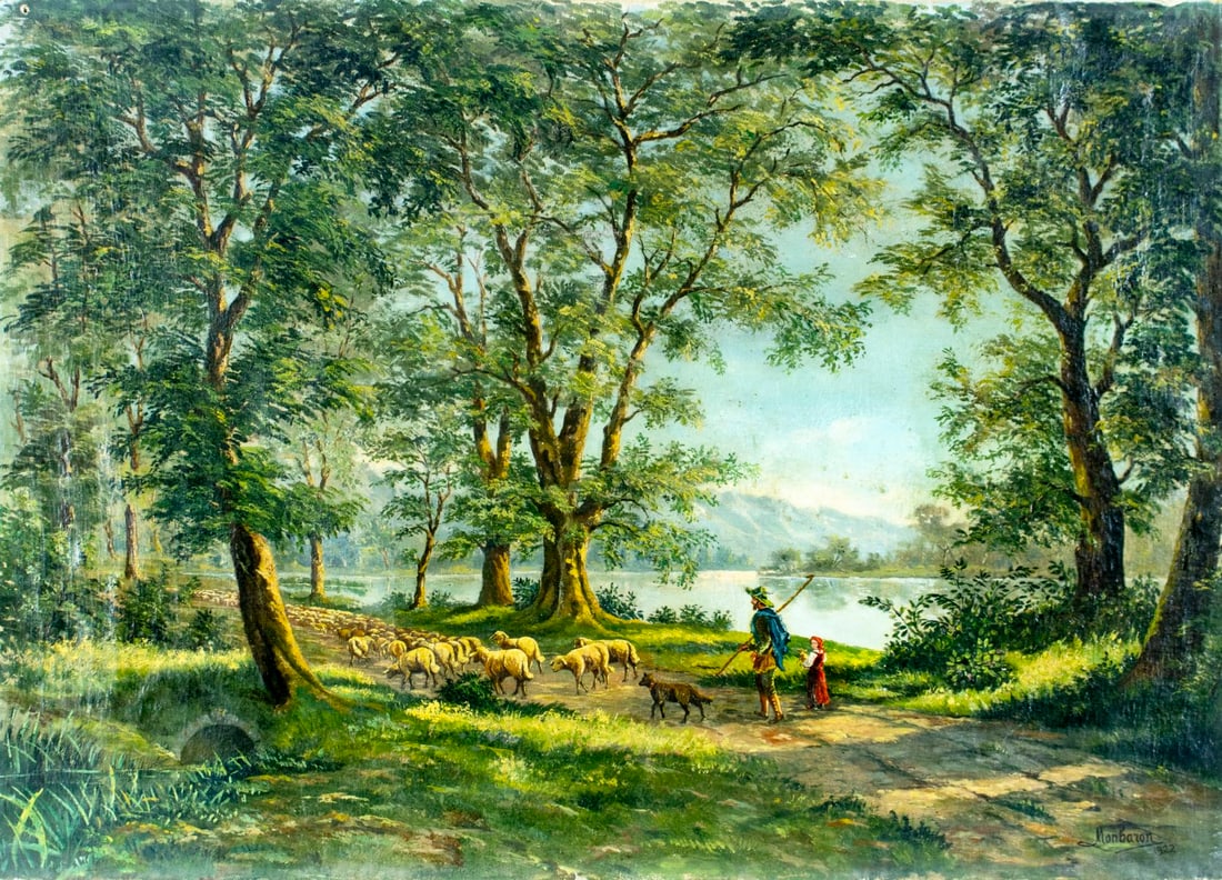 Monbaron (Europe,early 20C) oil painting antique: ARTIST: Monbaron (European, early 20 century) TITLE: Mountain Lake Landscape with Sheep YEAR: 1922 MEDIUM: oil on canvas CONDITION: Two nail holes along
