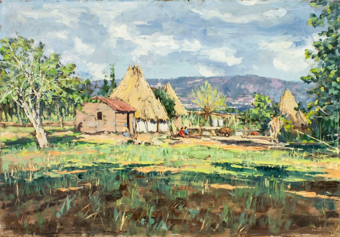 Antonio Cannata (Italy,1895-1960) oil painting: ARTIST: Antonio Cannata (Italian, 1895 - 1960) TITLE: Country Landscape MEDIUM: oil on board CONDITION: Minor damage to lower right corner. Few minor paint losses. No visi