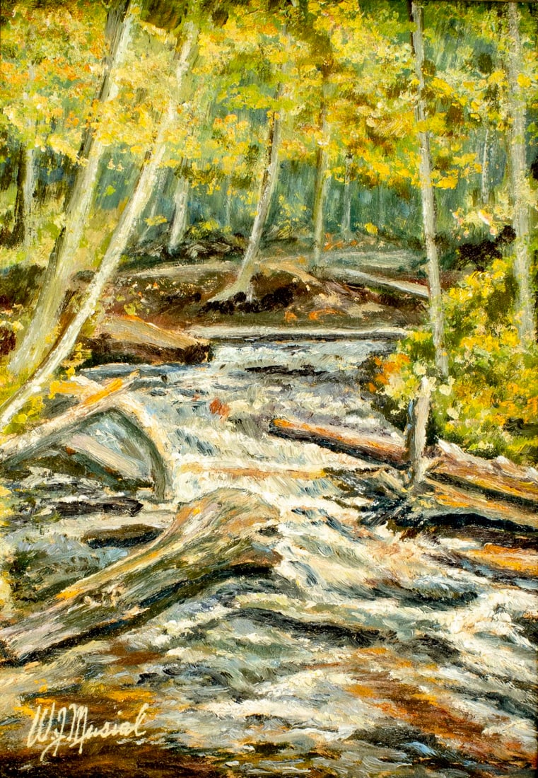 Walter J Musial (MI,20C) oil painting: ARTIST: Walter J Musial (Michigan, 20 century) TITLE: Landscape - Restless Hurricane (titled on verso) MEDIUM: oil on board CONDITION: Very good. No visible inpaint under UV