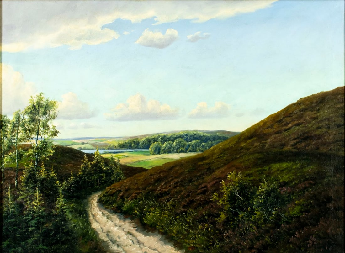 Vintage mid 20C American oil painting signed: ARTIST: - (American, mid 20 century) TITLE: Hilly Landscape MEDIUM: oil on canvas CONDITION: One patch-repaired tear. Few very minor paint losses along the upper edge. Som