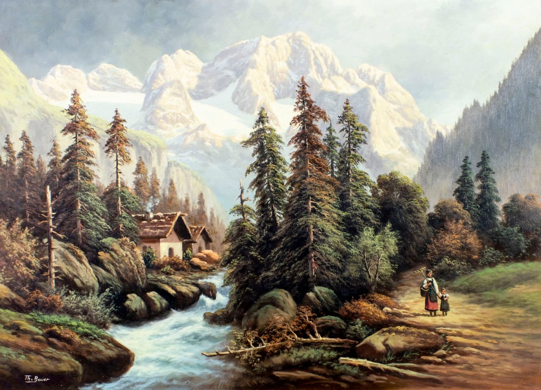 Th Bauer (Europe,20C) oil painting: ARTIST: Th Bauer (European, 20 century) TITLE: Alpine Village Landscape MEDIUM: oil on canvas CONDITION: Unstretched (In-House stretching available) (In-House stretching ava