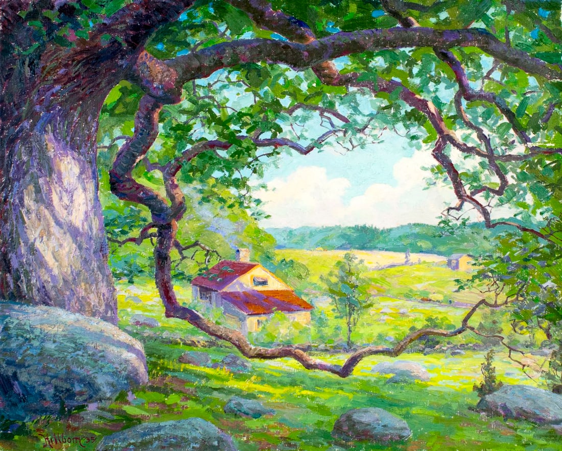 Henrik Hillblom (CT,NY,Sweden,1863-1948) oil painting antique: ARTIST: Henrik Hillblom (Connecticut, New York, Swedish, 1863 - 1948) TITLE: Landscape, Lume, CT (titled on label) YEAR: 1935 MEDIUM: oil on canvas CONDITION: