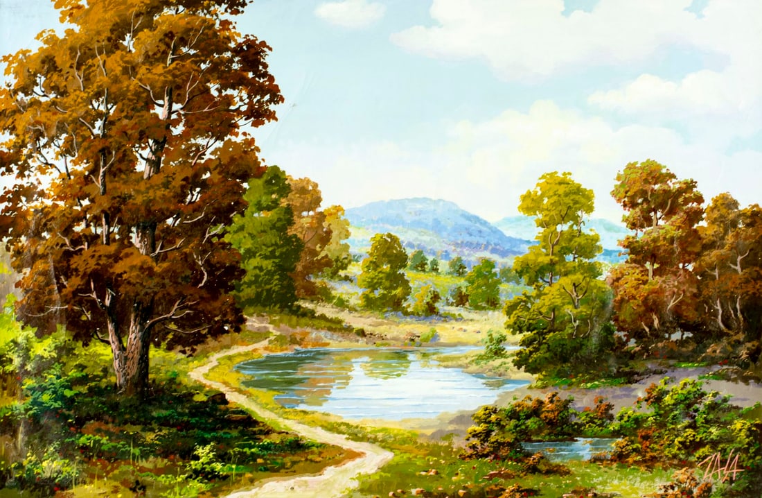 V Zala (Europe,20C) oil painting: ARTIST: V Zala (European, 20 century) TITLE: Autumn Hilly Landscape MEDIUM: oil on canvas CONDITION: Unstretched (In-House stretching available) (In-House stretching availab