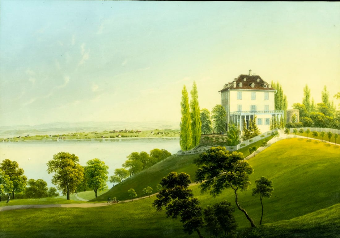 Vintage early 20C European gouache painting: ARTIST: - (Europe, early 20 century) TITLE: Lake Landscape with Mansion MEDIUM: gouache on paper CONDITION: Minor age toning. Few minor paint losses. Framed under glass. Wea