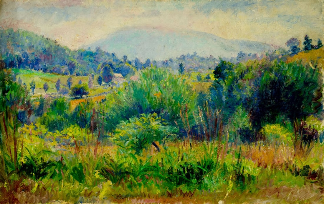 Clara Klinghoffer (NY,UK,Austria,1900-1970) oil painting: ARTIST: Clara Klinghoffer (New York, United Kingdom, Austrian, 1900 - 1970) TITLE: Hilly Landscape MEDIUM: oil on canvas CONDITION: Unstretched (In-House stretching availa