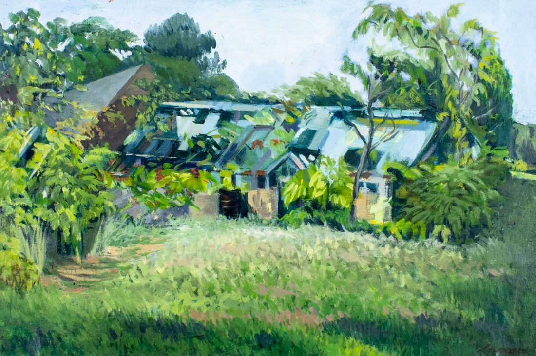 Lerman (US,20C) oil painting: ARTIST: Lerman (American, 20 century) TITLE: Garden House MEDIUM: oil on canvas CONDITION: Missing a few flakes of paint. Minor craquelure. No visible inpaint under UV light
