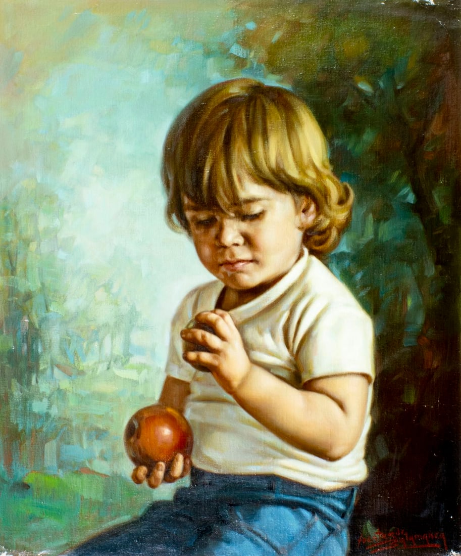 Jose Fuentes de Salamanca (Spain,1934-?) oil painting: ARTIST: Jose Fuentes de Salamanca (Spanish, 1934 - ???) TITLE: Boy with Apples MEDIUM: oil on canvas CONDITION: Unstretched (In-House stretching available) (In-House stret
