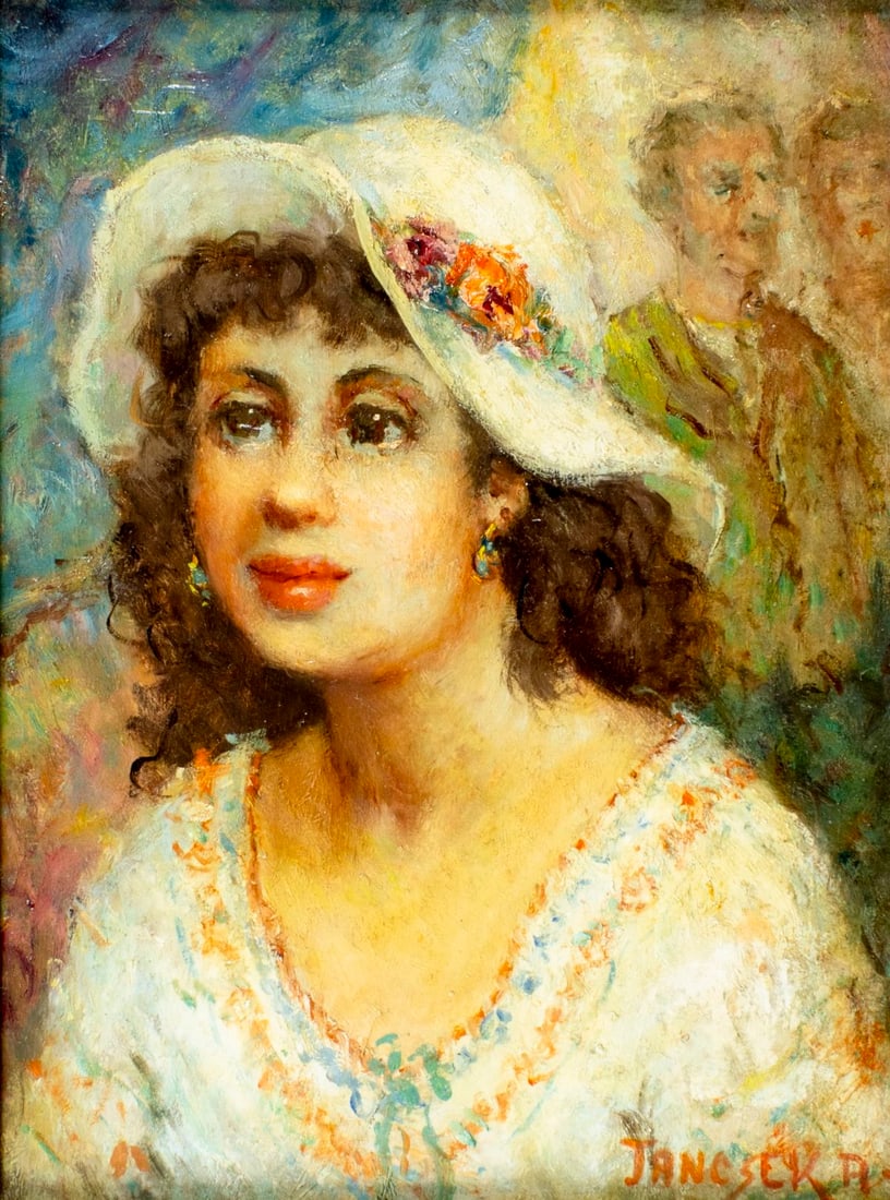 Antal Jancsek (Hungary,1907-1985) oil painting: ARTIST: Antal Jancsek (Hungarian, 1907 - 1985) TITLE: Portrait of Woman MEDIUM: oil on board CONDITION: Very good. No visible inpaint under UV light. Some small damages to
