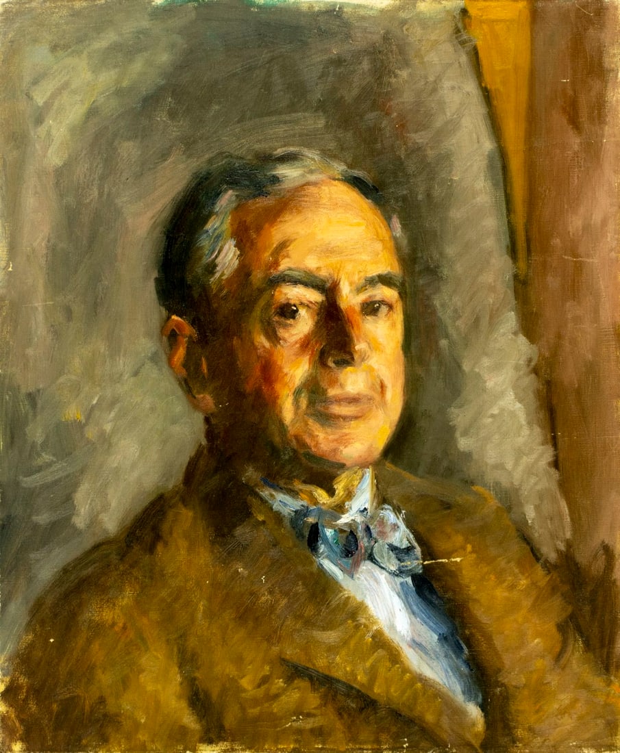 Vintage 20C French oil painting: ARTIST: - (France, 20 century) TITLE: Portrait of Man MEDIUM: oil on canvas CONDITION: Few nail holes along the lower edge. Some scratches/paint losses mostly in the lower r