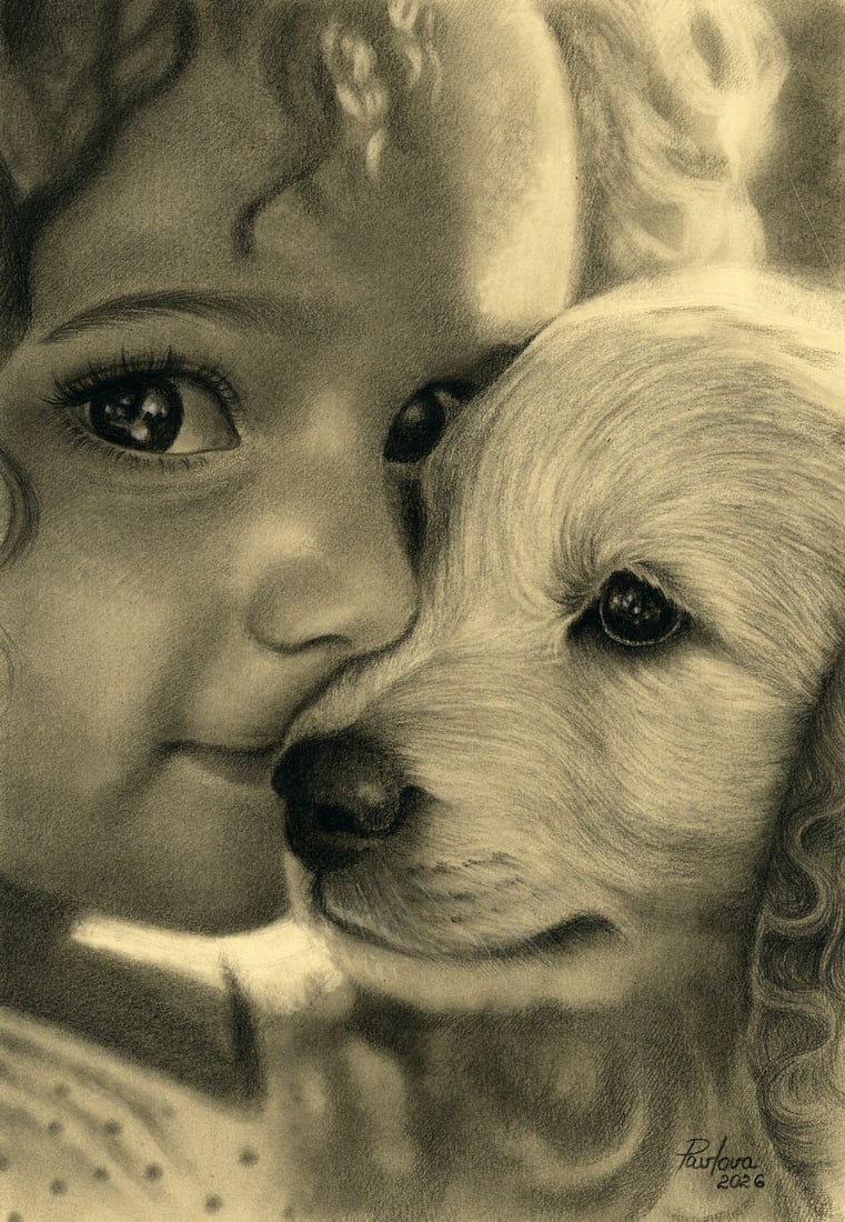 Olena Pavlova (Ukraine,20/21C) pastel painting: ARTIST: Olena Pavlova (Ukraine, 20/21 centuries) TITLE: Portrait of Girl with Puppy MEDIUM: pastel on heavy paper CONDITION: Very good. ART SIZE: 13 x 10