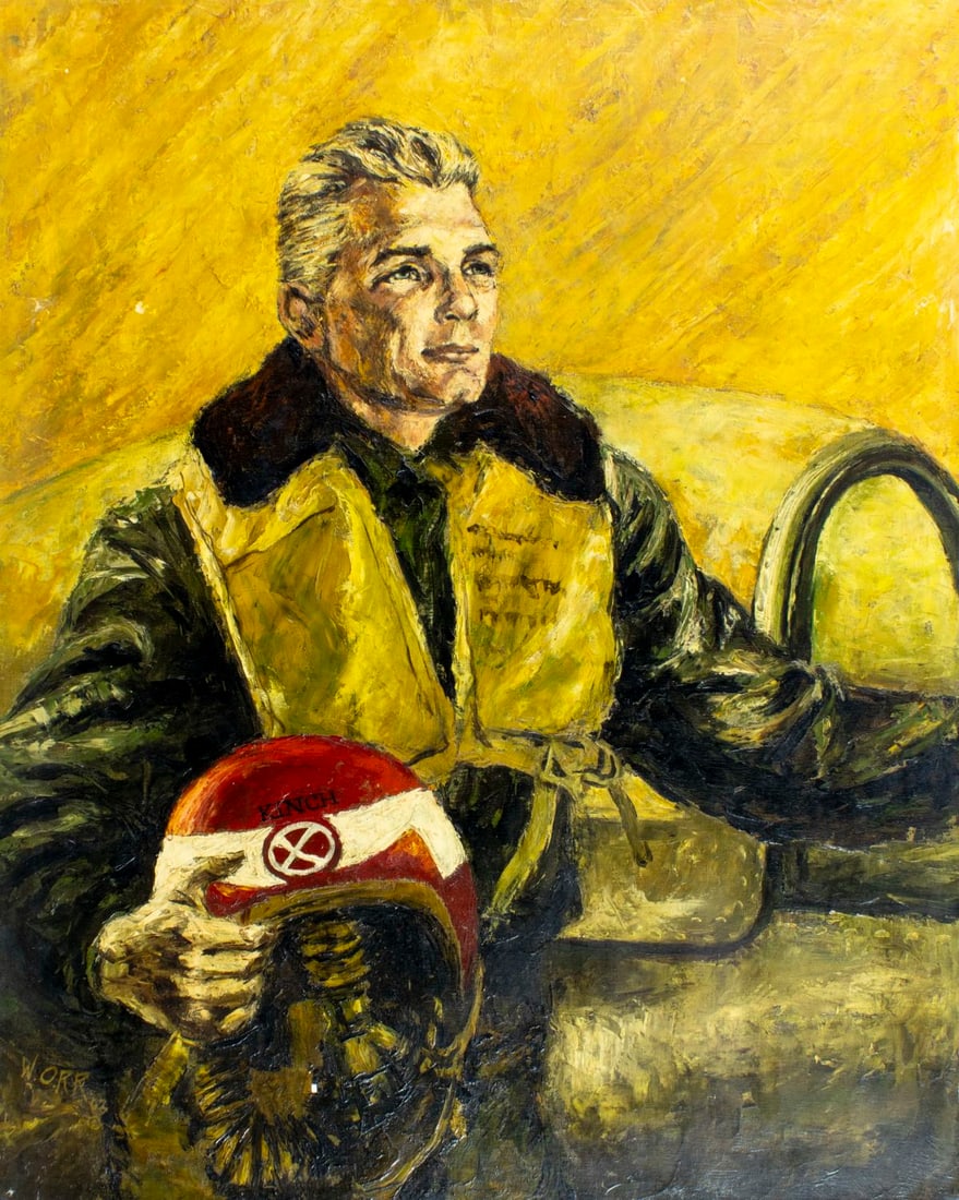 William A Orr (FL,1925-2019) oil painting: ARTIST: William A Orr (Florida, 1925-2019) TITLE: Portrait of Pilot YEAR: 1963 MEDIUM: oil on canvas board CONDITION: Some scratches/paint losses. Minor