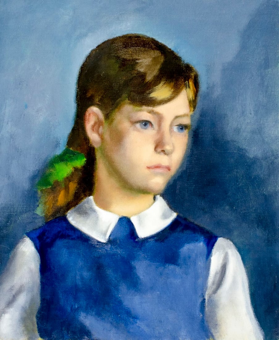 Nevada Carr (US,20C) oil painting: ARTIST: Nevada Carr (American, 20 century) TITLE: Portrait of Girl MEDIUM: oil on canvas CONDITION: Unstretched (In-House stretching available) (In-House stretching availabl