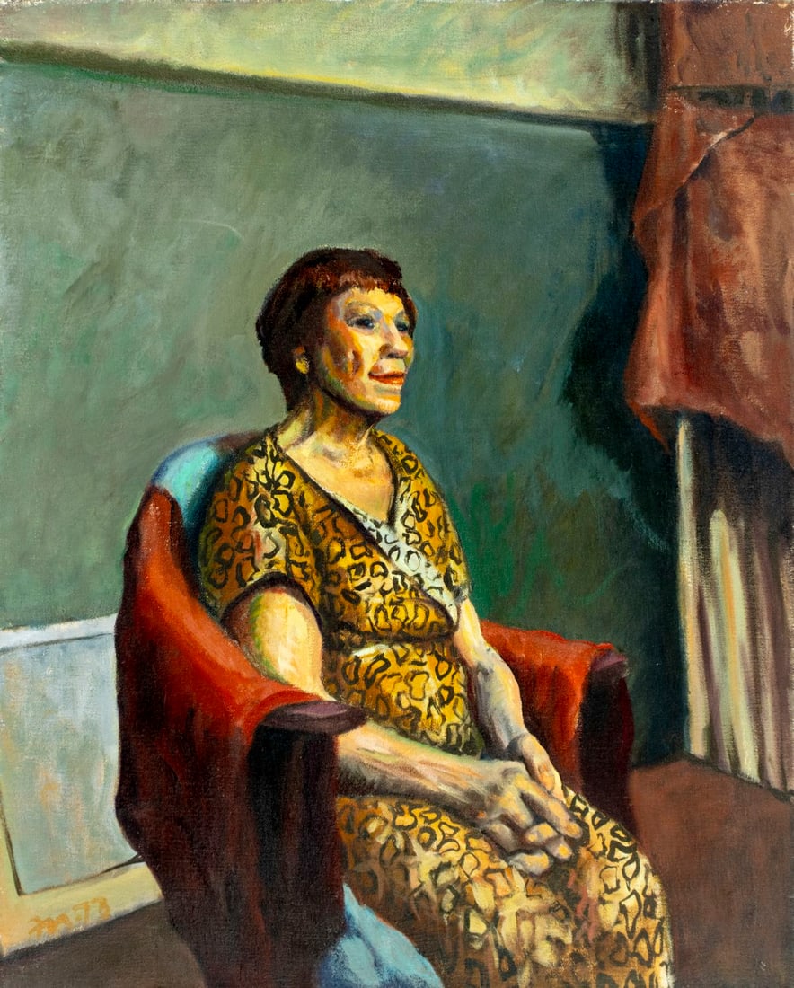 Fred Nelson (US,20C) oil painting: ARTIST: Fred Nelson (American, 20th century) TITLE: Portrait of Seated Woman YEAR: 1974 MEDIUM: oil on canvas CONDITION: Few minor scratches/paint losses