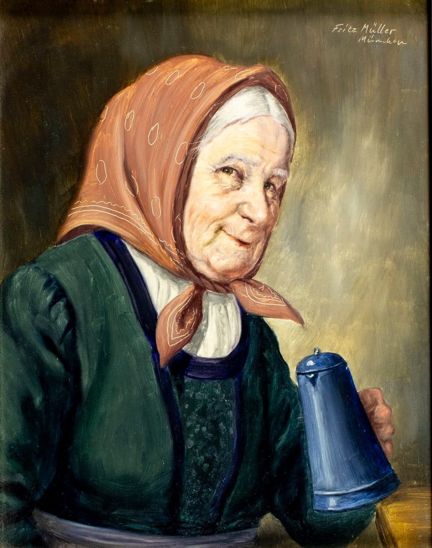 Fritz Muller (German,1913-1972) oil painting: ARTIST: Fritz Muller (Germany, 1913 - 1972) TITLE: Portrait of Old Woman MEDIUM: oil on board CONDITION: Few very minor paint losses. No visible inpaint under UV light.