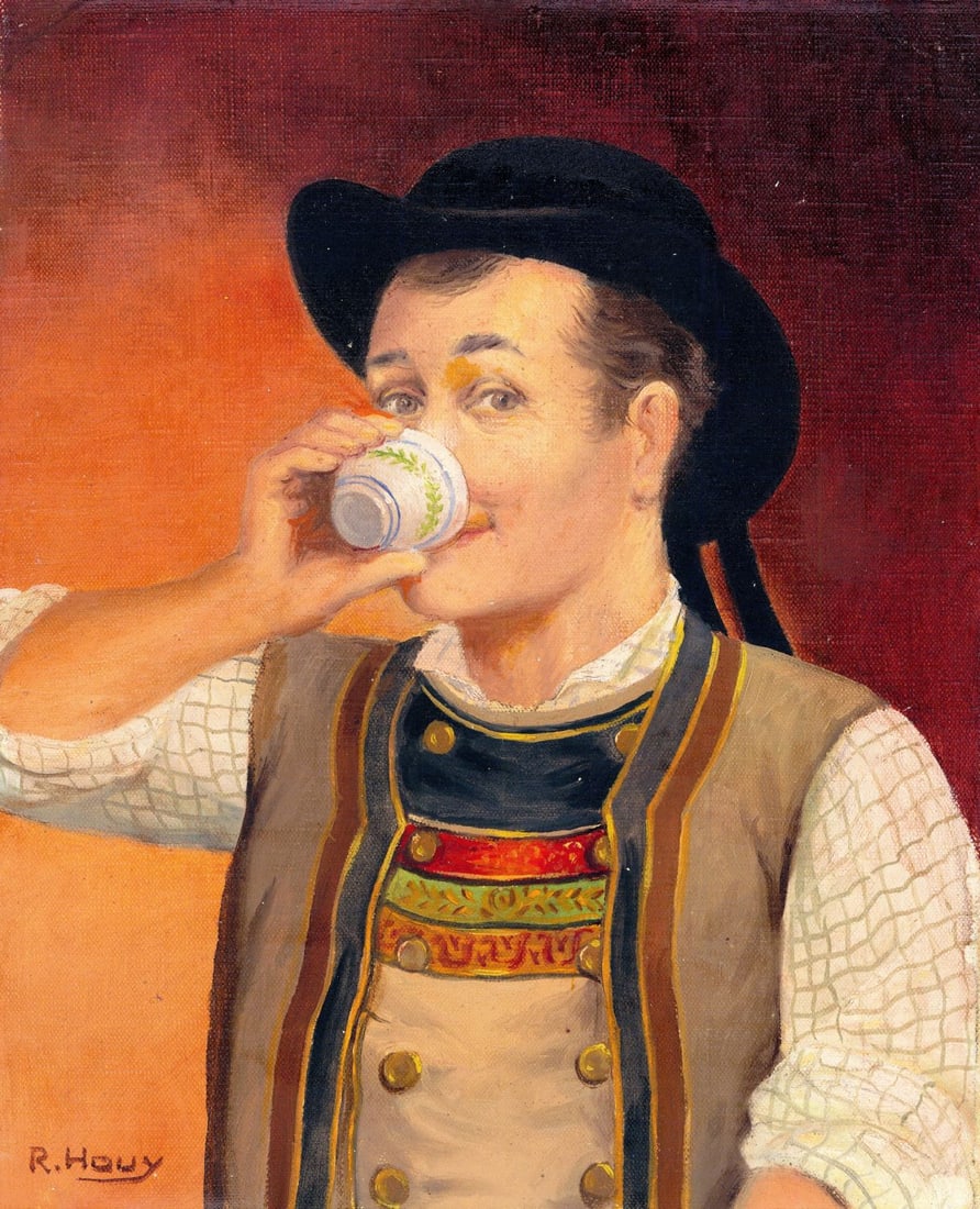 R Houy (France,20C) oil painting: ARTIST: R Houy (French, 20th Century) TITLE: Portrait of Drinking Woman MEDIUM: oil on canvas CONDITION: Unstretched (In-House stretching available). Minor paint losses. No