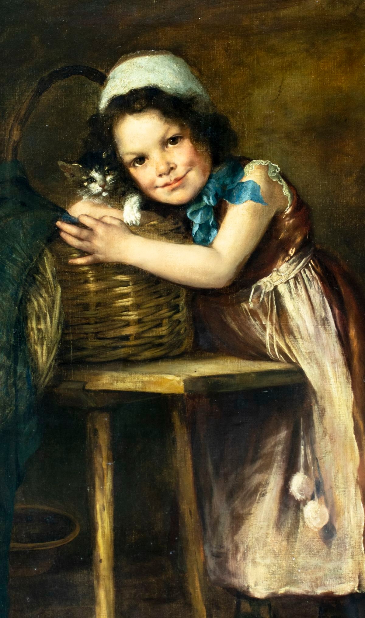 Antique 19C French oil painting signed: ARTIST: - (France, 19 century) TITLE: Portrait of Girl with Kitten MEDIUM: oil on canvas CONDITION: Two nail holes by the left edge. One small tear to the lower edge. Some