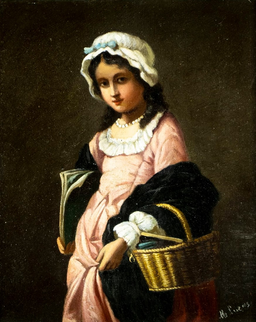 M Lucas (Europe,19C) oil painting antique: ARTIST: M Lucas (European, 19 century) TITLE: Portrait of Girl with Basket MEDIUM: oil on canvas CONDITION: Missing a few flakes of paint. Minor craquelure. Few minor inpain