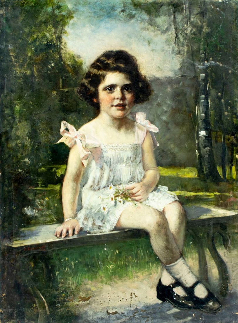 Bernhard Zickendraht (German,1854-1937) oil painting antique: ARTIST: Bernhard Zickendraht (Germany, 1854 - 1937) TITLE: Girl with Flowers on the Bench YEAR: 1922 MEDIUM: oil on board CONDITION: Some nail holes al