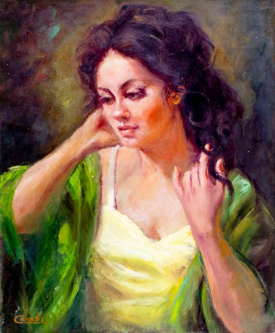 F Carabi (Europe,20C) oil painting: ARTIST: F Carabi (European, 20 century) TITLE: Portrait of Woman MEDIUM: oil on canvas CONDITION: Unstretched (In-House stretching available) (In-House stretching available)