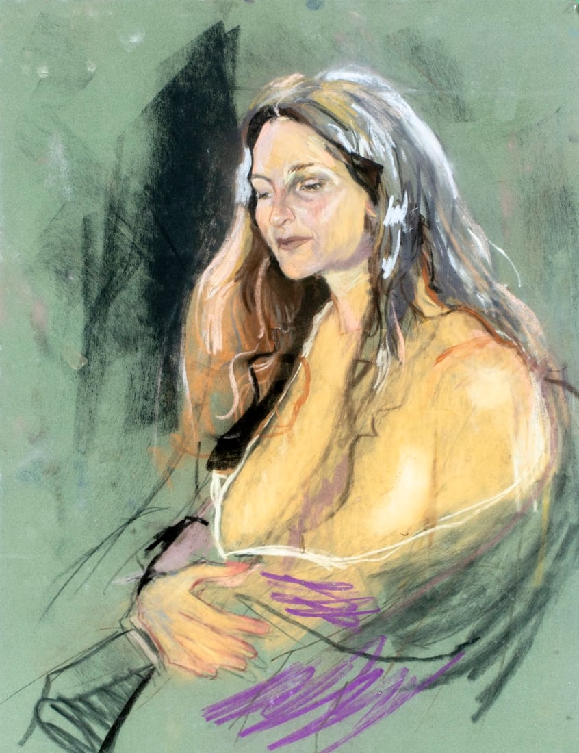 Rhoda Yanow (NJ,20C) pastel painting: ARTIST: Rhoda Yanow (New Jersey, 20 century) TITLE: Portrait of Woman MEDIUM: pastel on heavy paper CONDITION: Two pinholes by the upper corners. Some scratches mostly by th