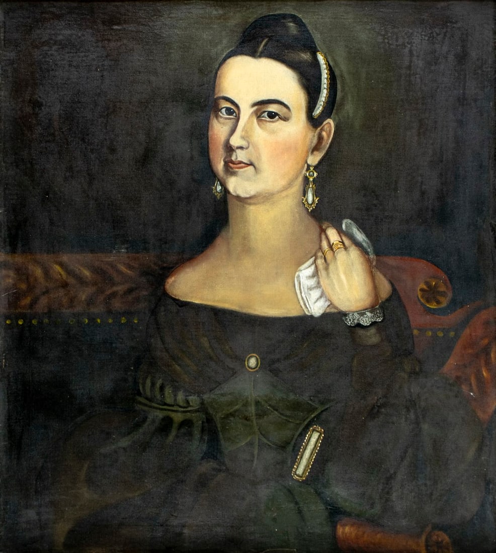 Antique 19C Latin American oil painting: ARTIST: - (Latin America, 19 century) TITLE: Portrait of Woman MEDIUM: oil on canvas CONDITION: Relined. Some scratches. Some scattered small inpaintings. Wear to frame.