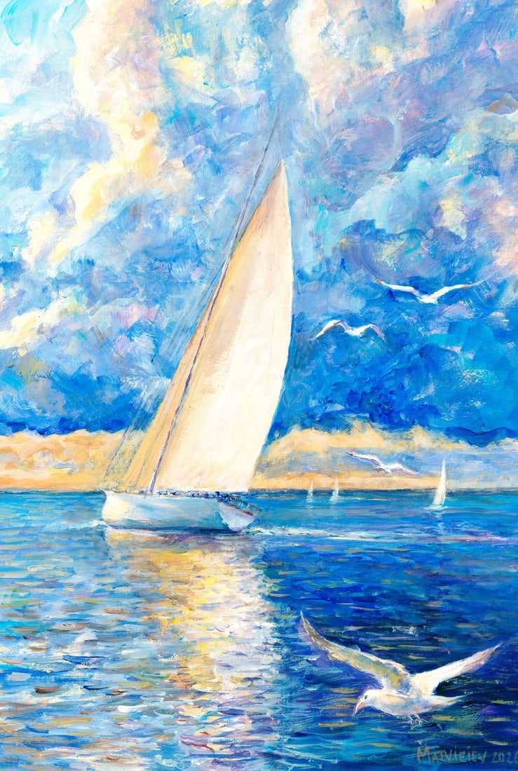 Andriy Matveiev (Ukraine,b 1988) oil painting: ARTIST: Andriy Matveiev (Ukraine, born 1988) TITLE: Seascape with Sailboat MEDIUM: oil on heavy paper CONDITION: Very good. No visible inpaint under UV light. ART