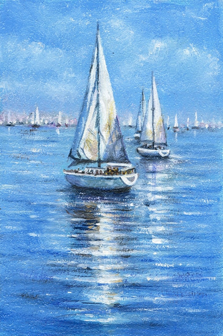Vladimir Fenot (Ukraine,b 1970) oil painting: ARTIST: Vladimir Mikhailovich Fenot (Ukraine, born 1970) TITLE: Seascape with Sailboats MEDIUM: oil on board CONDITION: Very good. No visible inpaint under UV light.