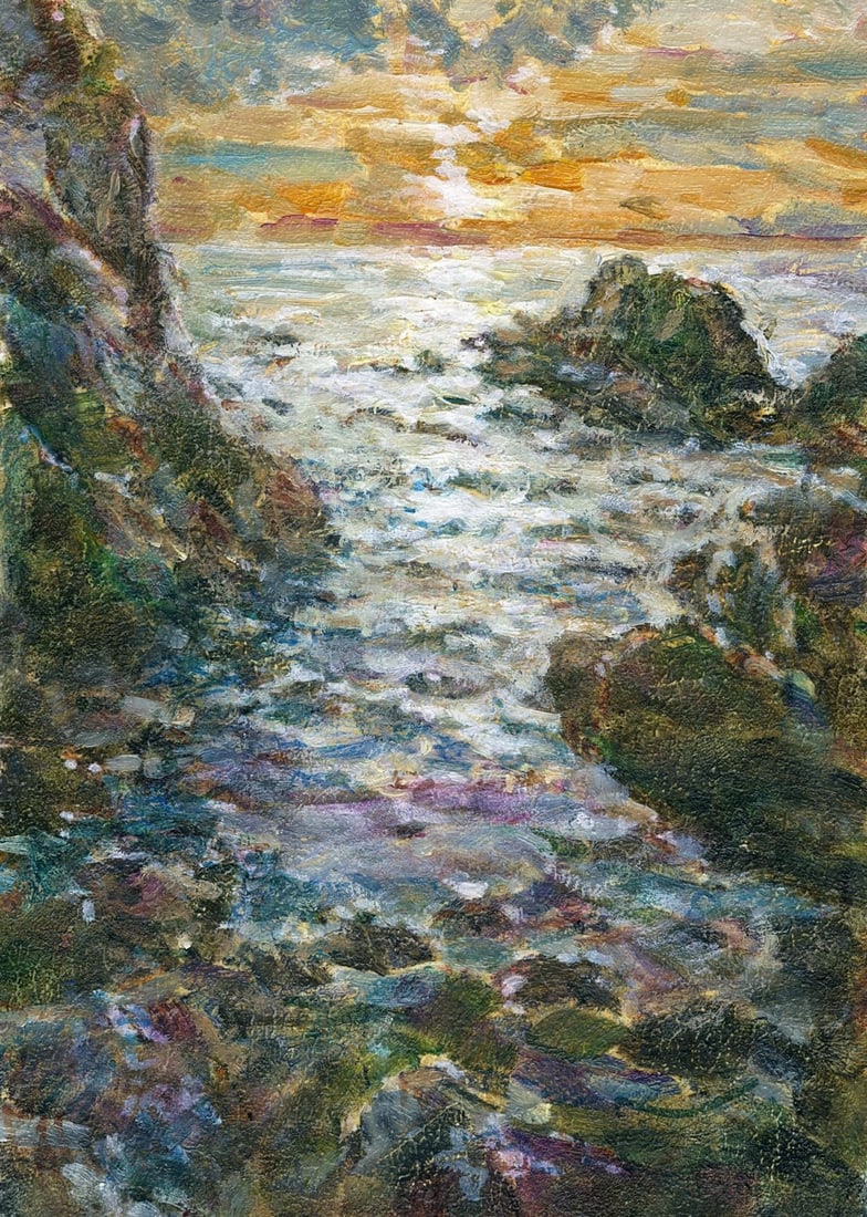 Vyacheslav Evsikov (Ukraine,b 1957) oil painting: ARTIST: Vyacheslav Sergeyevich Evsikov (Ukraine, born 1957) TITLE: Sunset Rocky Coast Seascape MEDIUM: oil on board CONDITION: Very good. No visible inpaint under UV light.<