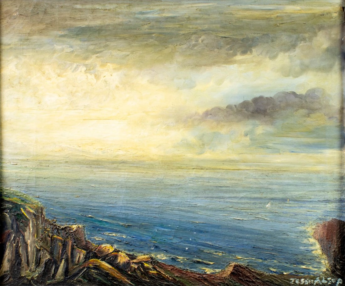 Alsop (US,mid 20C) oil painting: ARTIST: Alsop (American, mid 20 century) TITLE: Sunset Rocky Coast Seascape MEDIUM: oil on canvas CONDITION: One repaired tear with corresponding inpaintings. Some flaking/p