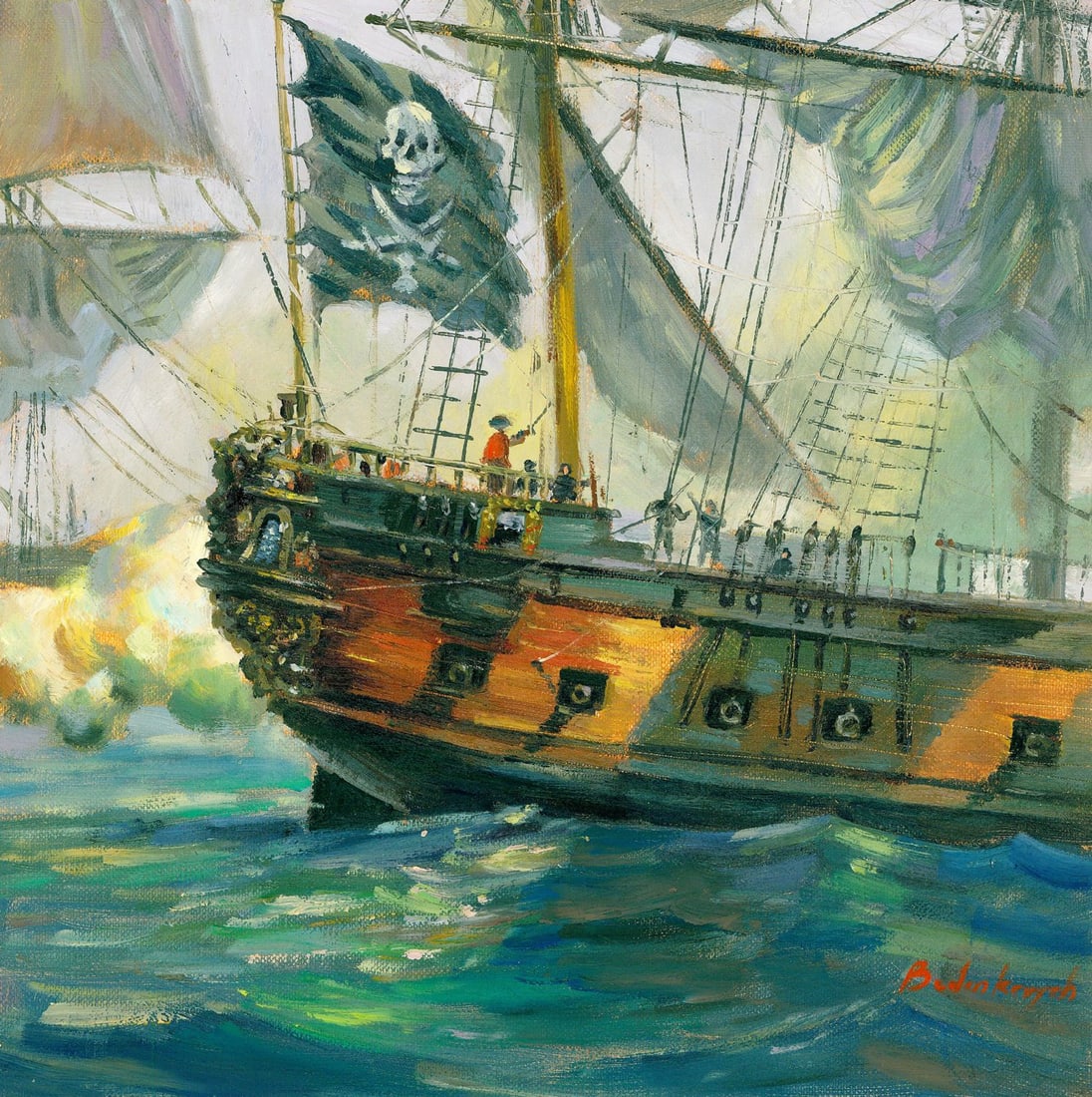 Volodymyr Budenkevych (Ukraine,20/21C) oil painting: ARTIST: Volodymyr Budenkevych (Ukraine, 20/21 centuries) TITLE: Pirate Ship at Sea MEDIUM: oil on heavy paper CONDITION: Very good. No visible inpaint under UV light.