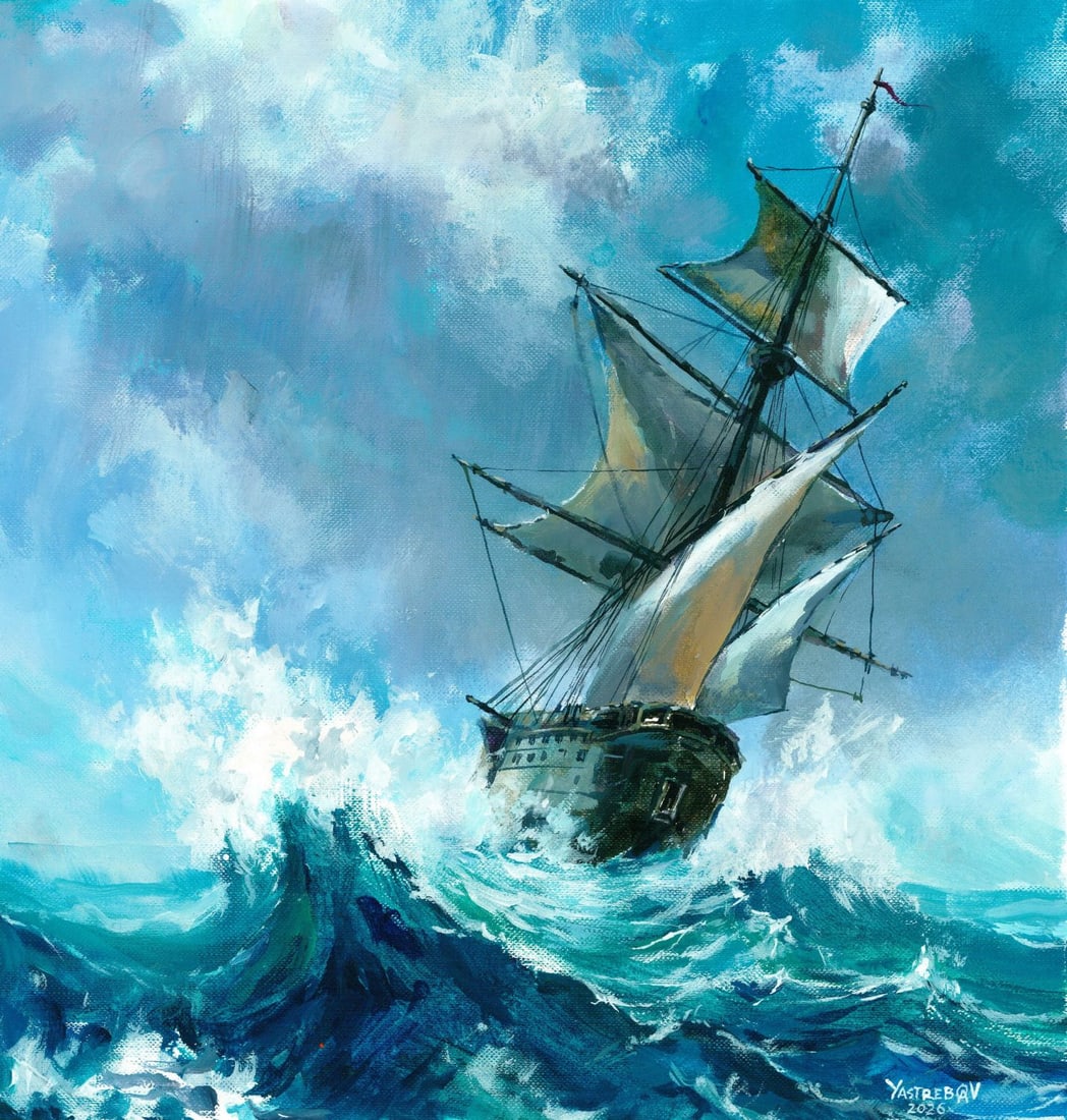 Aleksandr Yastrebov (Ukraine,b 1989) oil painting: ARTIST: Aleksandr Yastrebov (Ukraine, born 1989) TITLE: Seascape with Sail Ship MEDIUM: oil on heavy paper CONDITION: Very good. No visible inpaint under UV light.