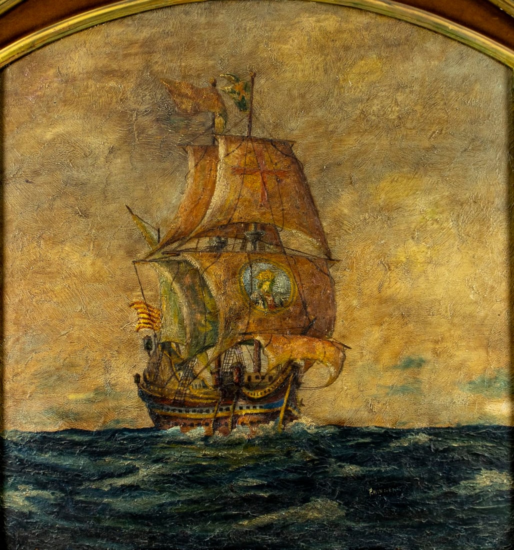 P Kinneas (early 20C) oil painting antique: ARTIST: P Kinneas (early 20 century) TITLE: Sail Ship MEDIUM: oil on board CONDITION: Minor paint losses. No visible inpaint under UV light. Minor damages to frame.