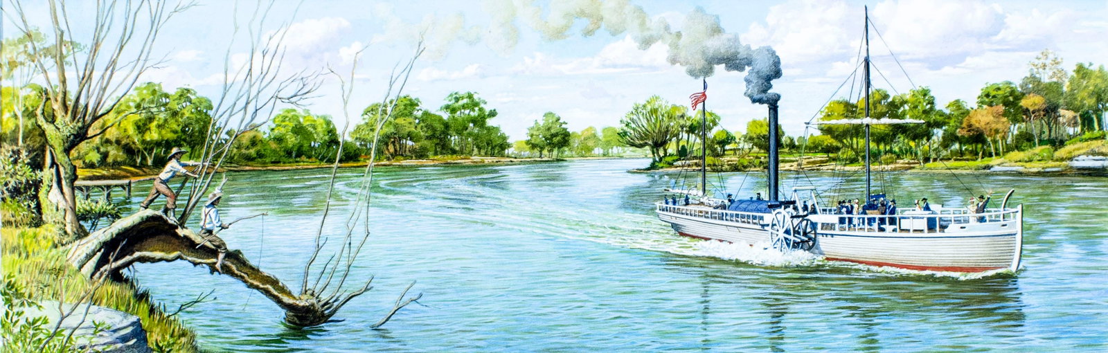 Vintage 20C American mixed media painting: ARTIST: - (American, 20 century) TITLE: Steamboat MEDIUM: mixed media on paper CONDITION: Very good. ART SIZE: 9 x 27 inches / 22 x 68 cm MA