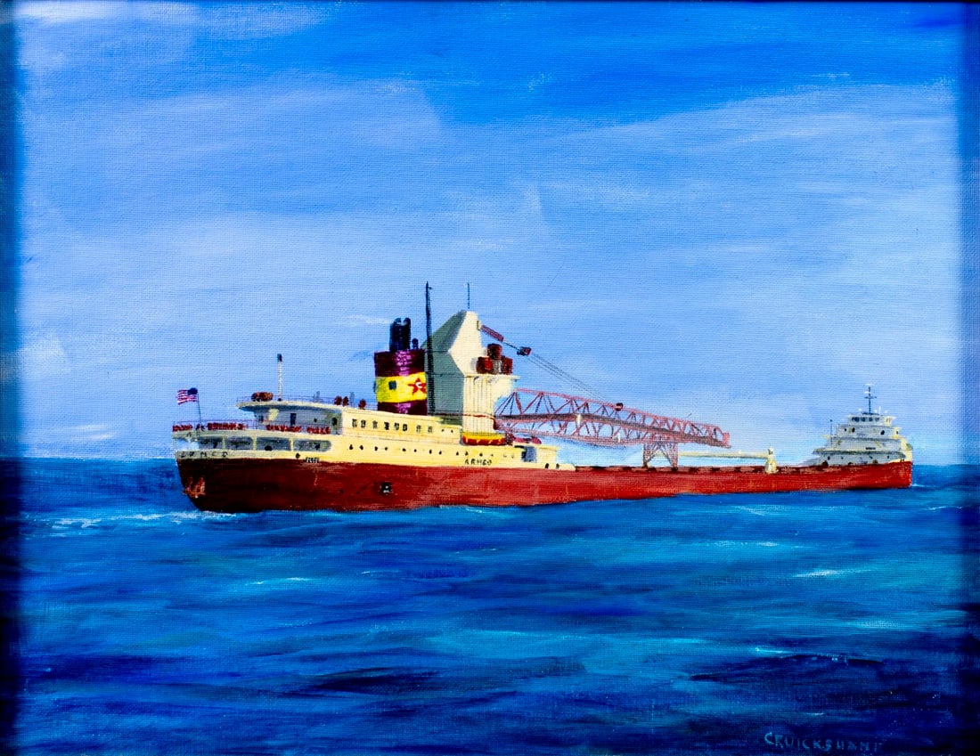 Bud Cruickshank (US,20C) acrylic painting: ARTIST: Bud Cruickshank (American, 20 century) TITLE: Seascape with Ship - Str Armco MEDIUM: acrylic on canvas board CONDITION: Very good. No visible inpaint under UV light.