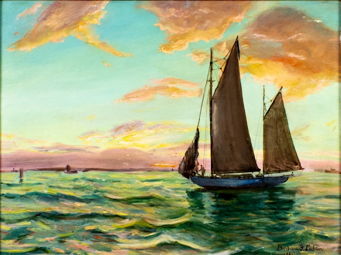 Barbara F Lubin (NY,mid 20C) oil painting: ARTIST: Barbara F Lubin (New York, mid 20 century) TITLE: Sunset Seascape with Sailboat YEAR: 1954 MEDIUM: oil on canvas board CONDITION: Some scratches/