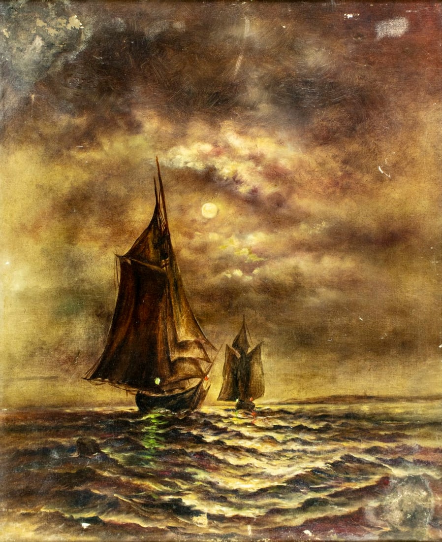 Antique 19C American oil painting: ARTIST: - (American, 19 century) TITLE: Moonlit Seascape with Sail Ships MEDIUM: oil on canvas CONDITION: Few small patches. Some scratches/paint losses. Minor craquelure. S
