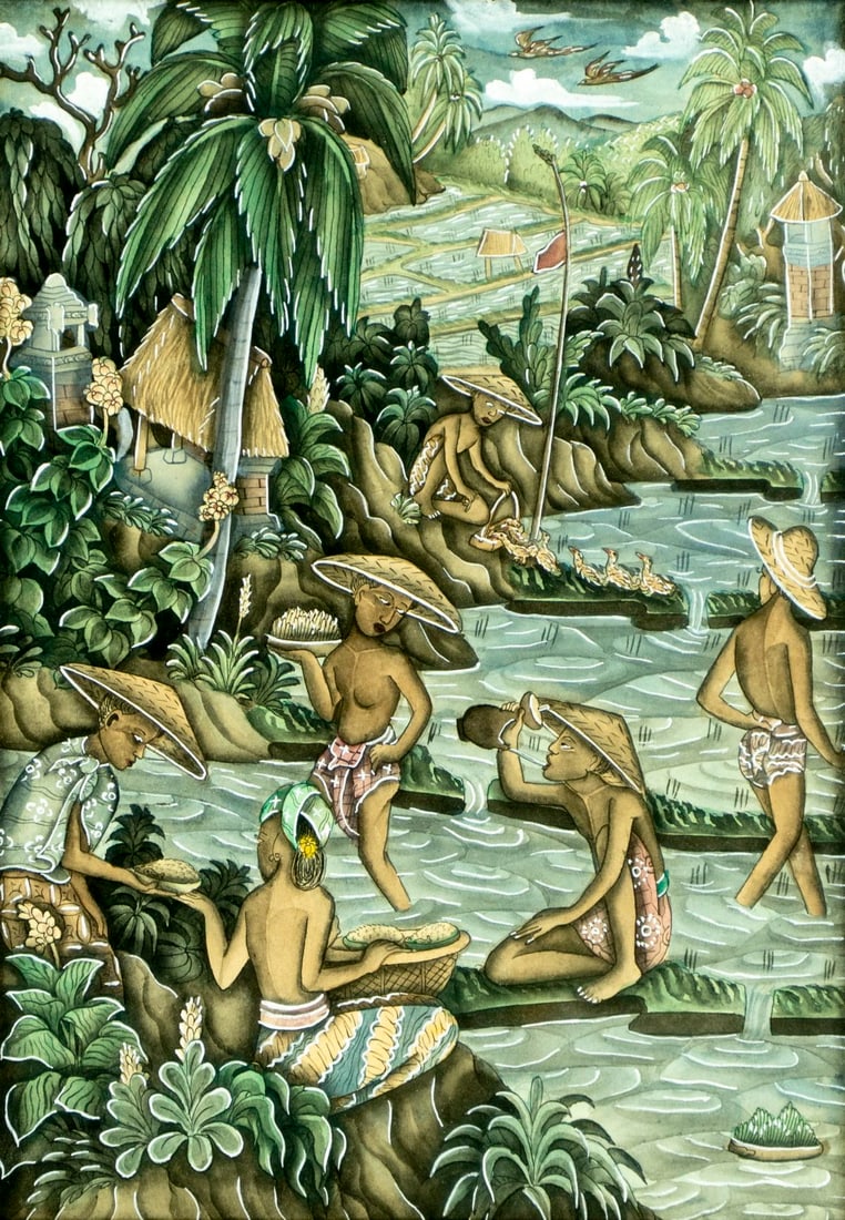 Vintage 20C Indonesian watercolor painting: ARTIST: - (Indonesia, 20 century) TITLE: Indonesian Landscape MEDIUM: watercolor on paper CONDITION: Overall good. Framed under glass. Wear to frame. ART SIZE: