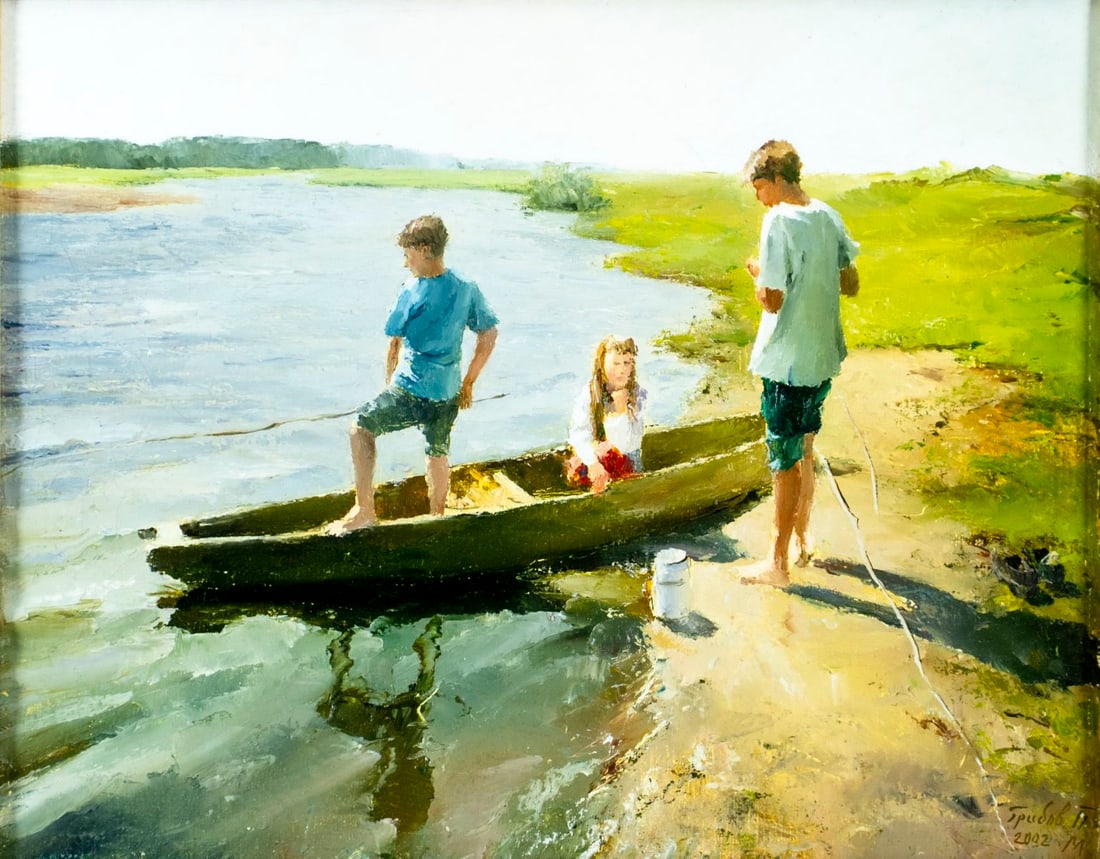 Piotr Gribov (Russia,20/21C) oil painting: ARTIST: Piotr Mihailovich Gribov (Russian, 20/21 centuries) TITLE: Fishing Scene (titled on verso) YEAR: 2002 MEDIUM: oil on canvas CONDITION: Some pain